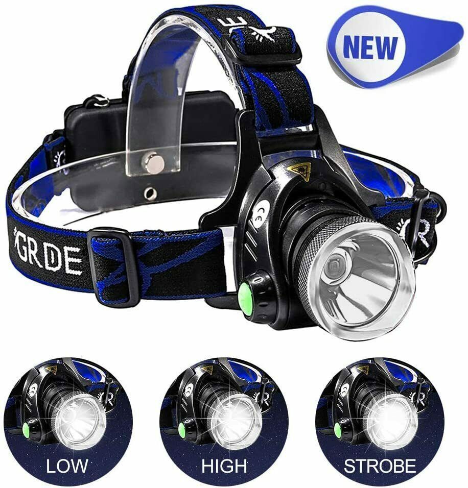 LED Headlamp Rechargeable Head Torch Zoom Headlight Super Bright Flashlight 3 Modes Work Light With 2 Li-ion Batteries 2 Charger