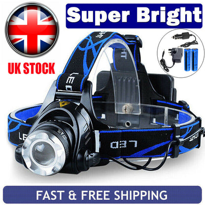 LED Headlamp Rechargeable Head Torch Zoom Headlight Super Bright Flashlight 3 Modes Work Light With 2 Li-ion Batteries 2 Charger