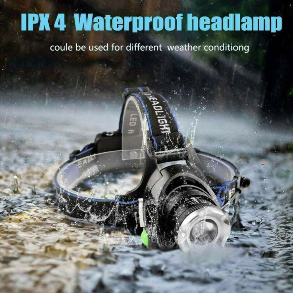 LED Headlamp Rechargeable Head Torch Zoom Headlight Super Bright Flashlight 3 Modes Work Light With 2 Li-ion Batteries 2 Charger